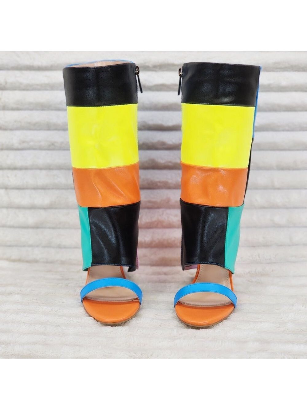 Paris Color Block Stiletto Fold Over Skirted Shootie Boot Sandals - Picture 12 of 15